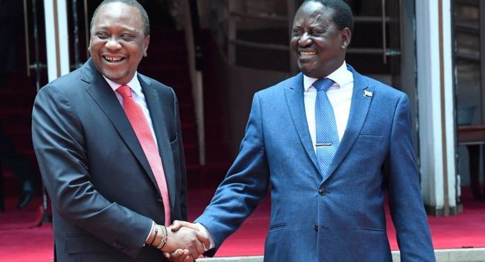 The handshake between President Uhuru Kenyatta and former Prime Minister Raila Odinga at Harambee House in 2018. CREDIT: Web image