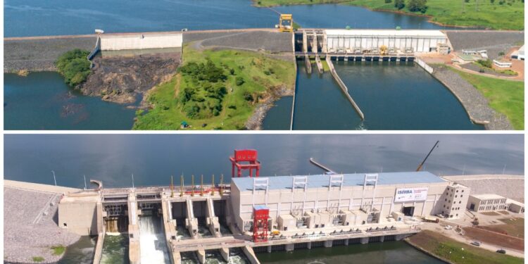 The 250MW Bujagali HydroPower Dam (on top) constructed by largely non-concessional commercial debt and the government-owned 183MW Isimba Hydro Power Dam, constructed using highly concessional government borrowing.