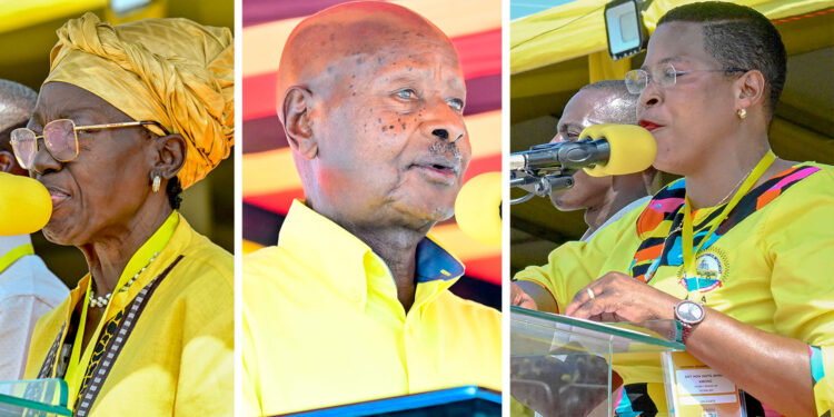L-R: Rebecca Kadaga, the first Deputy Prime Minister; President Yoweri Museveni and Anita Among, the Speaker of Parliament. (PPU Photos)